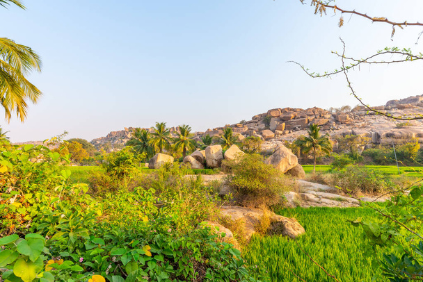 Napkelte a rizs mezők közelében az ősi város Hampi, India - Fotó, kép