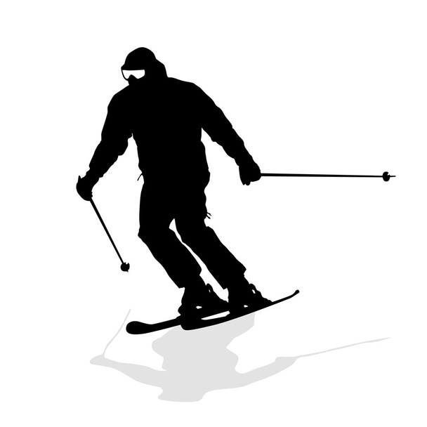 Le skieur de montagne descend la pente à toute vitesse. Silhouette sport vectorielle. - Vecteur, image