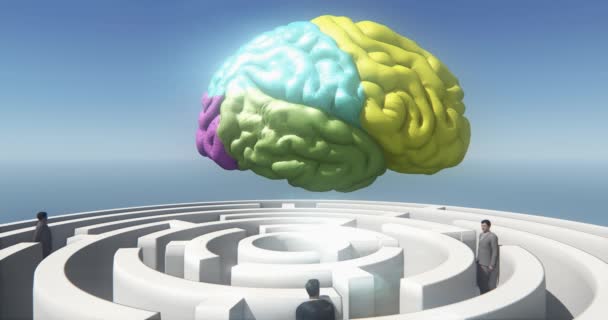 4k farbiges Gehirn über dem Labyrinth, Geschäftsleute im Stehen, künstliche Intelligenz. - Filmmaterial, Video