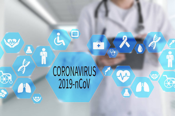 Coronavirus 2019-ncov Wörter auf dem virtuellen Bildschirm auf Medical Do - Foto, Bild