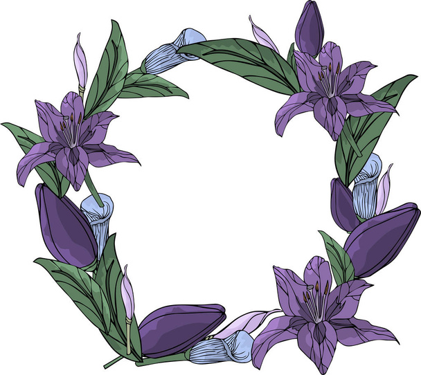 Round frame of flowers . Purple border - Foto, Imagen