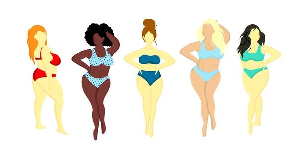 Γυναίκες με διαφορετικά χρώματα δέρματος. Afroamer Ikan, Ευρωπαίος, Ασιάτης, Σκανδιναβός. Σωματική αντίληψη. Κάθε σώμα είναι όμορφο. Κινητική επιγραφή. Γυναίκες με μαγιό απομονωμένες σε λευκό φόντο - Διάνυσμα, εικόνα