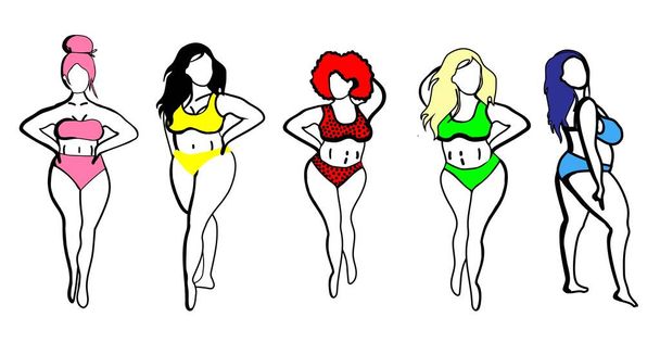 Frauen mit unterschiedlichen Hautfarben. Afrikaner, Europäer, Asiaten, Skandinavier. Körper positives Konzept. Jeder Körper ist schön. Motivationsschreiben. Frauen in Badeanzügen isoliert auf weißem Hintergrund - Vektor, Bild