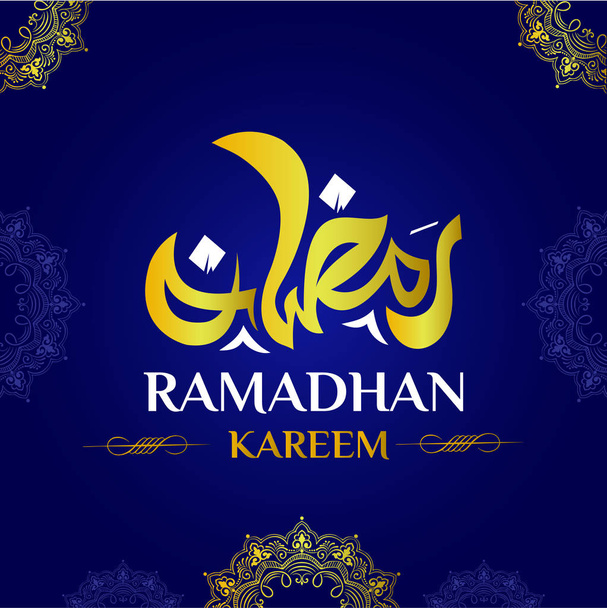 Calligraphy of Ramadan Kareem greeting with beautiful ornament and gold color, Blue Background Vector for Poster, Banner, Flyer, Brochure - Vector, Image
