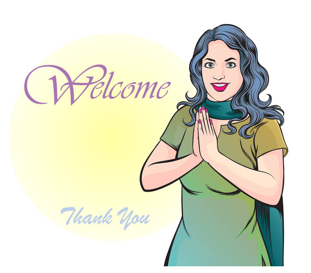 Indian woman raise her hands to respectfully welcome on a white background. hand drawn style vector design illustrations. - Vector, Image