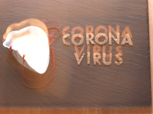 Siyah arka planda Coronavirus karton metin cümlesi ve virüslere karşı korunmak için koruyucu bir maske. Yeni 2019-ncov Coronavirüs, Mers-Cov. - Fotoğraf, Görsel