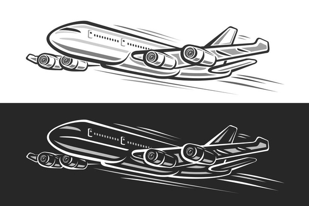 Logo wektora dla Latającego Samolotu, poziome banery z zarysem ilustracji wyląduje samolot dużych prędkości z 4 turbinami na czarno-białym tle, monochromatyczna koncepcja projektowania sztuki dla lotniska. - Wektor, obraz