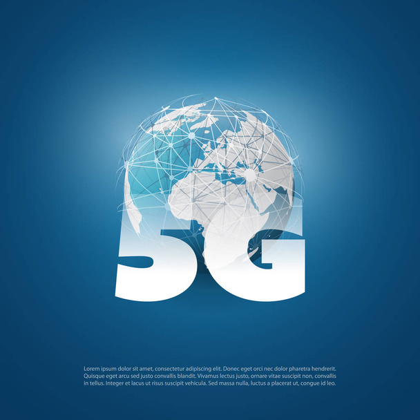 5G Network Label with Earth Globe - High Speed Global Broadband Mobile Telecommunication and Wireless Internet Design Concept - Vector, Image