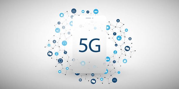 Ετικέτα δικτύου 5g με εικονίδια που αντιπροσωπεύουν διάφορα είδη συσκευών και υπηρεσιών - High Speed, Broadband Mobile Telecommunication και Wireless Iot Systems Design Concept - Διάνυσμα, εικόνα