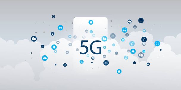5g síťový štítek s ikonami představujícími různé druhy zařízení a služeb - koncepce vysokorychlostních, širokopásmových mobilních telekomunikačních a bezdrátových ikon - Vektor, obrázek