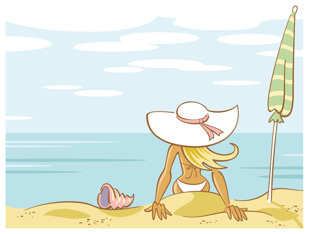 Young woman with big white hat sitting on the sand and looking on the sea - Vector, Image
