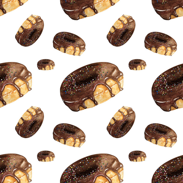 watercolor illustration. hand painted. seamless pattern of donuts with chocolate icing on a white background. - Fotó, kép