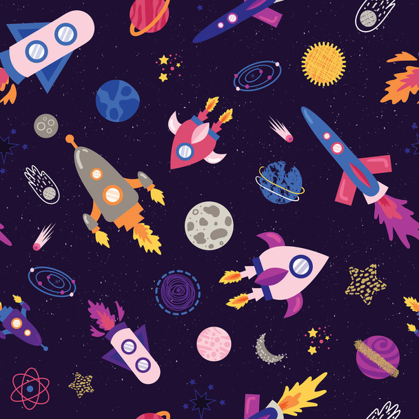 Bezešvé vzory s vesmírnou lodí, raketami, planetami, hvězdami, měsícem, kometami, sluncem za hvězdných nocí - Vektor, obrázek