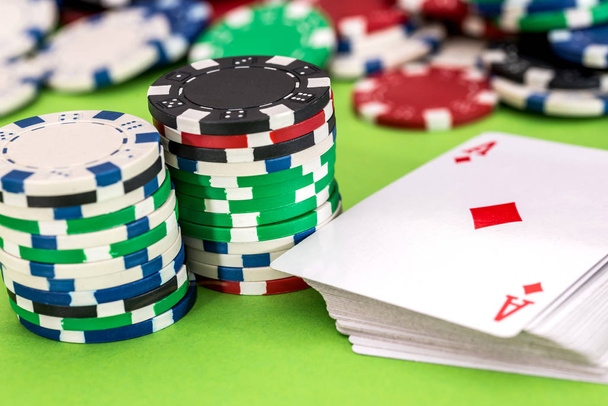 concept - poker chips, playing cards close - Fotó, kép