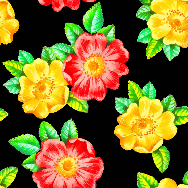 Watercolor dog rose flowers seamless pattern. - Фото, изображение