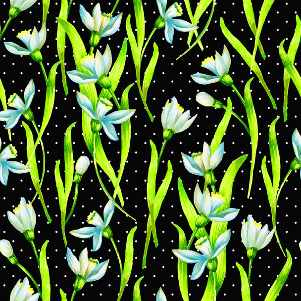 Snowdrops hand paint watercolor flowers, vintage seamless patter - Фото, зображення