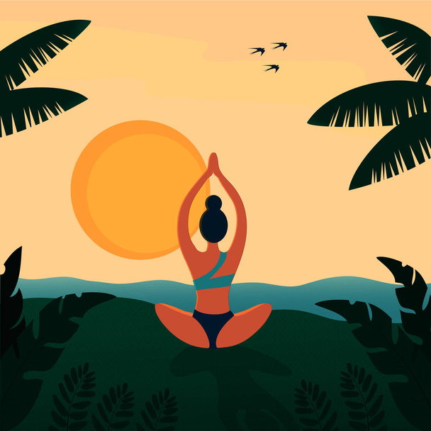 διανυσματική σχεδίαση yogi πρακτική γιόγκα στο ηλιοβασίλεμα τροπική παραλία - Διάνυσμα, εικόνα
