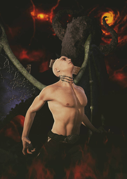 Portret van een gevleugelde mannelijke gedurfde demon op een helse plek. - Foto, afbeelding