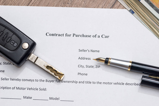 formulář smlouvy auto, pero a dolar - Fotografie, Obrázek