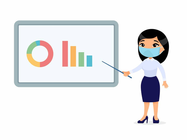 Asian woman in an office suit points to a demo board with graphs. Character with a protective mask on his face. Virus protection, allergies concept. Vector illustration on a white background. - Vector, Image
