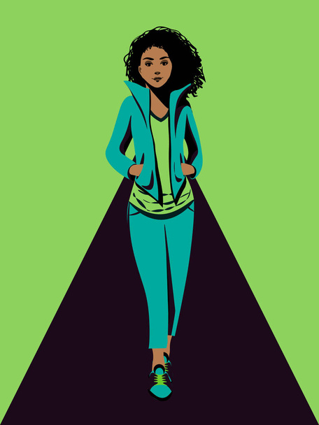 Rajzfilm afro-amerikai nő sétál sportruházat - Vektor, kép