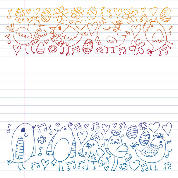 Pattern kids fabric, textile, nursery wallpaper. Vector illustration. Hand drawn singing birds and flowers for little children. - Vektori, kuva