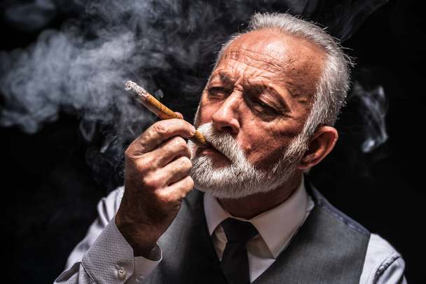 Portrait of serious senior man who is smoking cigar. - Photo, Image