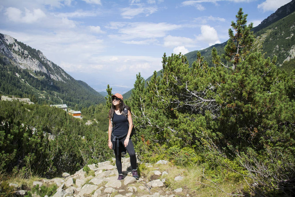 Happy Hiker Woman on the Top of Summer Mountain with Stunning View  - Foto, imagen