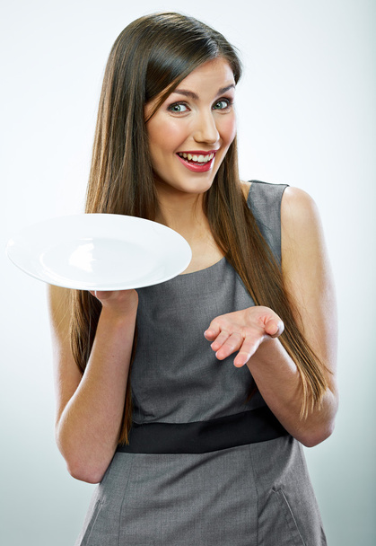 portrait of business woman hold empty white plate. - Fotografie, Obrázek