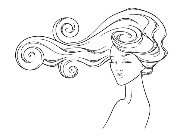 Diseño de salón de belleza. Retrato de una mujer joven y bonita con pestañas largas y hermosas y espléndido pelo rizado. Vector
 - Vector, imagen