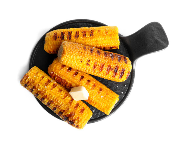 Delicious grilled corn cobs isolated on white, top view - Фото, зображення