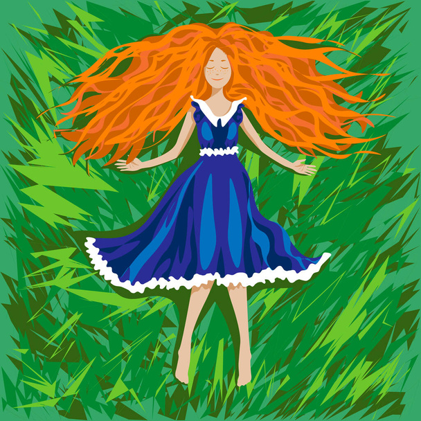 Taches de rousseur fille aux cheveux roux couché sur l'herbe et souriant
 - Vecteur, image