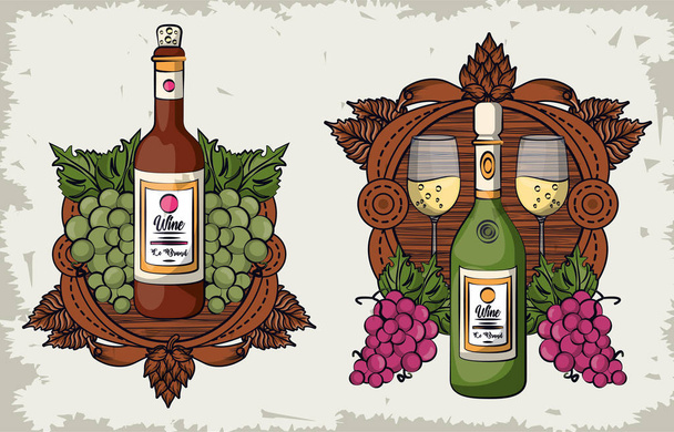 copos de vinho e garrafas com frutas de uvas
 - Vetor, Imagem
