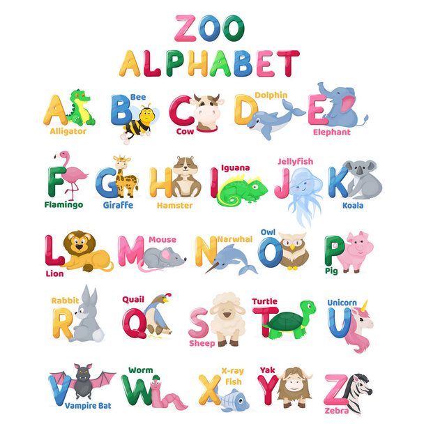 Letras animales del alfabeto del zoológico con caracteres lindos
 - Vector, Imagen
