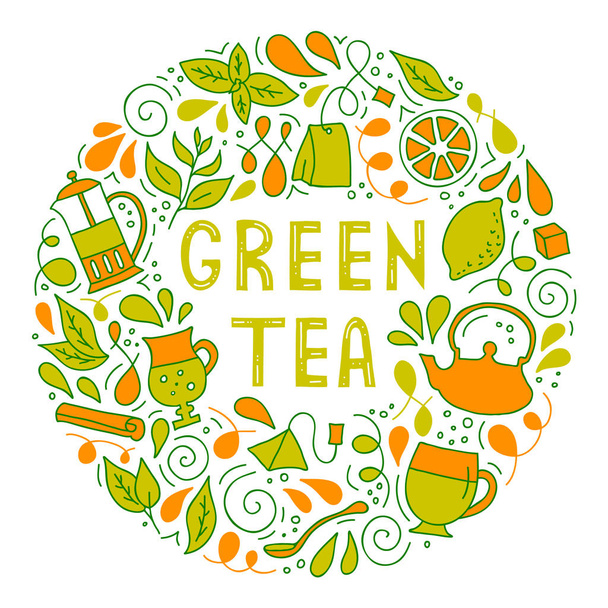 Zöld tea. Kerek keret betűkkel és tea tulajdonságokkal. Színes poszter. - Vektor, kép