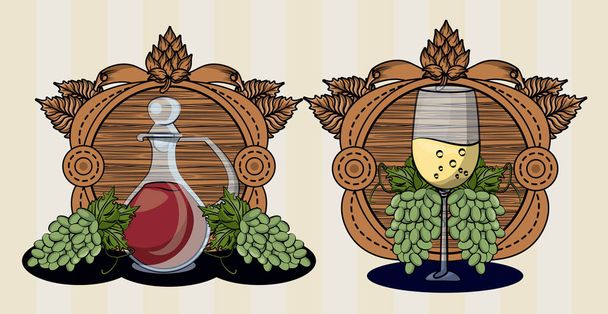 bebida barril de vino con copa y uvas
 - Vector, imagen