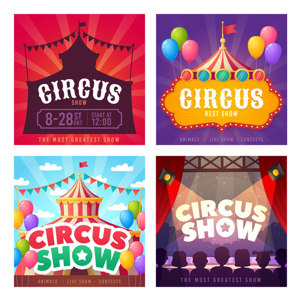 Cirkuszi kártya készlet. Promóció bannerek négyzet alakú téma Circus. Reklámozás tervezése a közösségi oldalakon. Karnevál, show. Vektor rajzfilm illusztráció - Vektor, kép