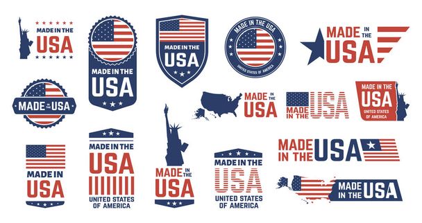 Vyrobeno v USA. Patriot hrdý štítek razítko, americká vlajka a národní symboly, Spojené státy americké vlastenecké emblémy vektorové ikony set - Vektor, obrázek
