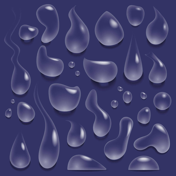 Water drops. Realistic drop of pure water, rain droplets and splashes, teardrops of different shapes vector illustration set - ベクター画像