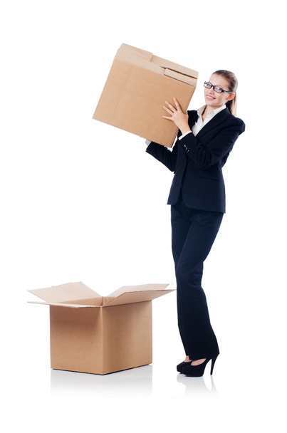 vrouw zakenvrouw met dozen op wit - Foto, afbeelding