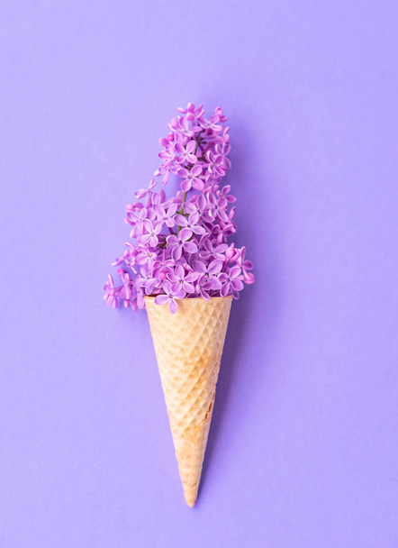Composition of ice cream cone with purple lilac flowers on a violet background. Flat Lay. Top View. Creative summer concept - Foto, Bild