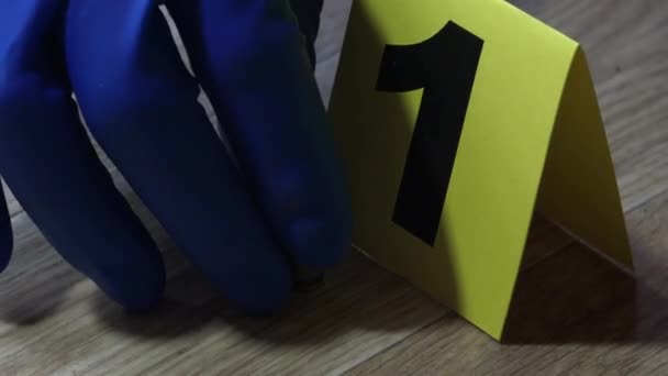 Kriminalbeamter in blauen Handschuhen, verpackte Patronen in einer Tasche, zur Untersuchung am Tatort - Filmmaterial, Video