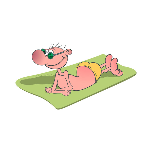 Uomo dei cartoni animati prende il sole su un tappeto da spiaggia. Illustrazione vettoriale su sfondo bianco
. - Vettoriali, immagini