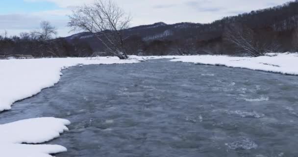 Řeka protékající horskou soutěskou v zimě - Záběry, video