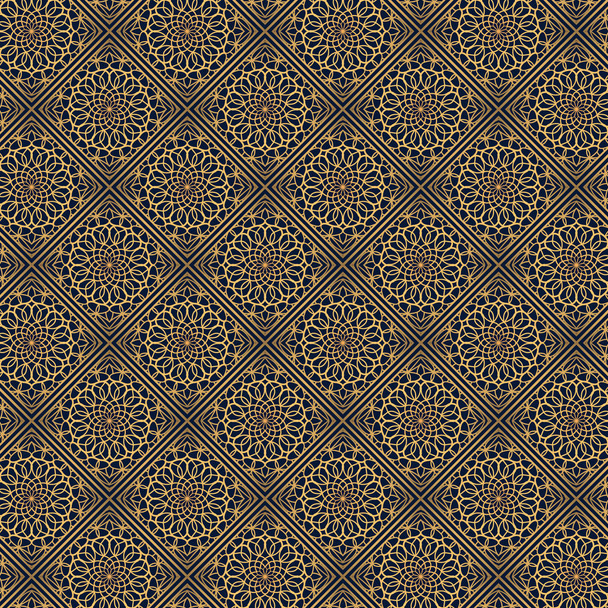 Gouden oosters patroon ontwerp op donkere achtergrond. Koninklijk patroon ontwerp in vector. Golden mandala patroon op donkere achtergrond - Vector, afbeelding