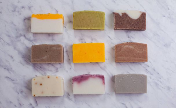 Flat lay bars of organic handmade soap - Fotó, kép