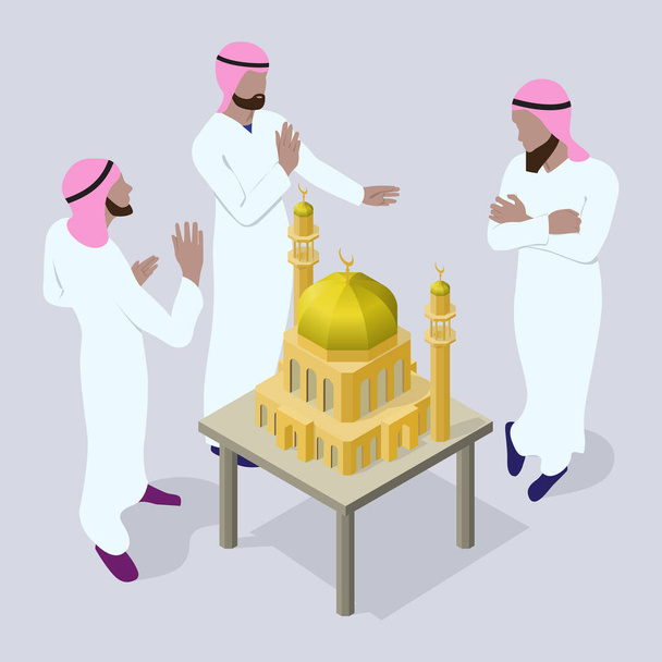 3人のアラブ人男性がモスクのレイアウトを検討している。建築家はイスラム教の寺院建築設計を開発している。アイソメトリックビューの人々のシーン. - ベクター画像