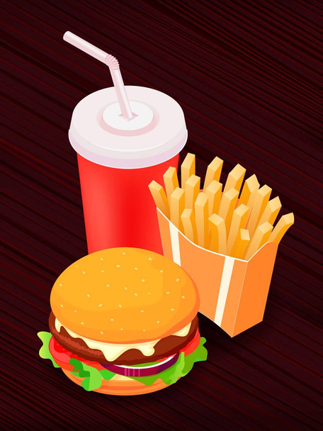 Vector illustration of isometric food - burger, French fries and cola. Fast food concept. Tasty snack. - Vektör, Görsel