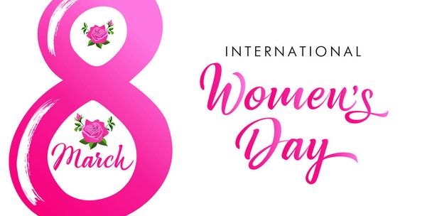 8 Mart. Üzerinde gül çiçeği ve hat metni dekoru olan Uluslararası Kadınlar Günü tebrik kartı. Suluboya stilinde 8 numara. Web pankartı, broşür, kart ve davet için uygulanabilir - Vektör, Görsel