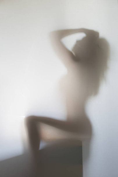 Beautiful and sexy sitting naked woman body silhouette can be seen through diffuse glass or textile curtain in bathroom. - Fotoğraf, Görsel